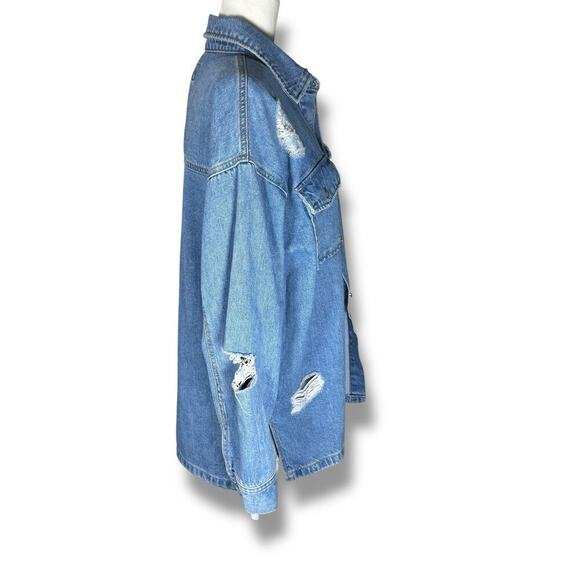 Forever 21 Women’s Medium Blue Denim Button Up Shirt Long Sleeve Distressed Y2K - Picture 4 of 7